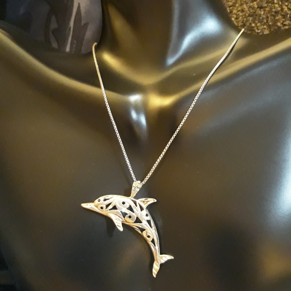 Fabulous Diamond Cut Dolphin Pendant Necklace and Matching Hook Earrings